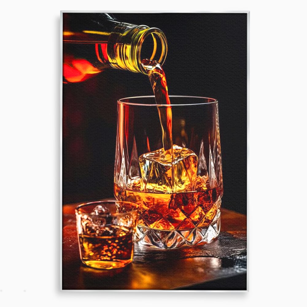Tablou canvas cu tablou canvas cu turnare de whisky, in rama de aluminiu argintiu